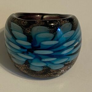 Stunning Domed Chunky Art Glass Ring-Blue and Shimmer Sz6